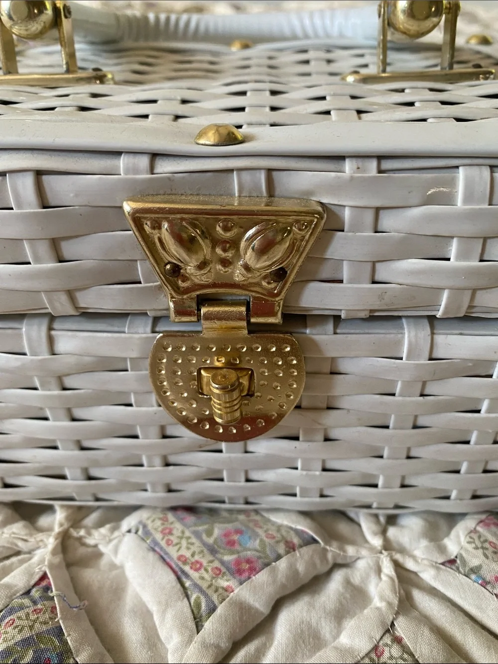 Vintage mid century- White Woven Hard Case Bag with Gold Hardware